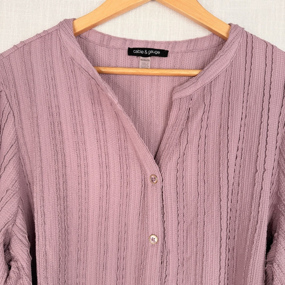 Cable & Gauge Women's Textured Puff Sleeve Button Front Blouse Mauve Pink 2XL - Picture 5 of 16